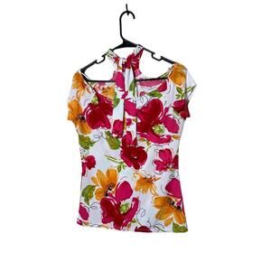 Vanity Top Size Petite Small Multicolor ‎ Bow Tie Neck Floral Vintage